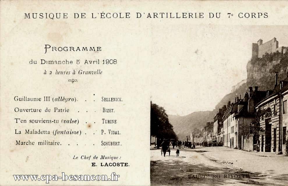 Musique de l’École d Artillerie du 7e Corps - Besançon - Faubourg Rivotte - Programme du Dimanche 5 Avril 1908